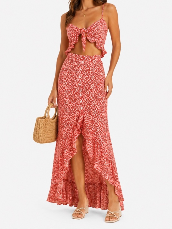 Skylar + Madison Dresses & Skirts - Skylar + Madison Red Floral Tie Front Crop Top & High Low Maxi Skirt Set Small
